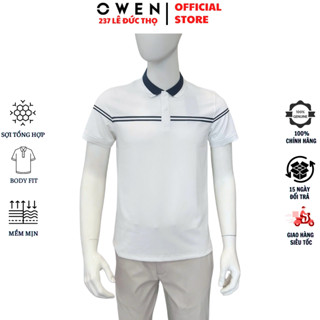 Áo thun cổ bẻ OWEN APV253646 polo nam ngắn tay Màu trắng viền xanh vải nylon mềm mại cao cấp phông dáng body fit trẻ tru