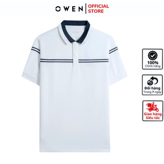  Áo thun polo ngắn tay OWEN APV253646 phông nam cổ bẻ màu trắng viền xanh vải nylon cao cấp mềm mại dáng body fit tôn dán 