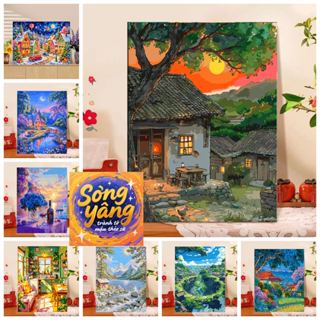   40X50cm-CÓ Khung TỔNG HỢP các mẫu tranh tô màu theo số PHONG CẢNH có sẵn khung cọ vẽ màu vẽ 