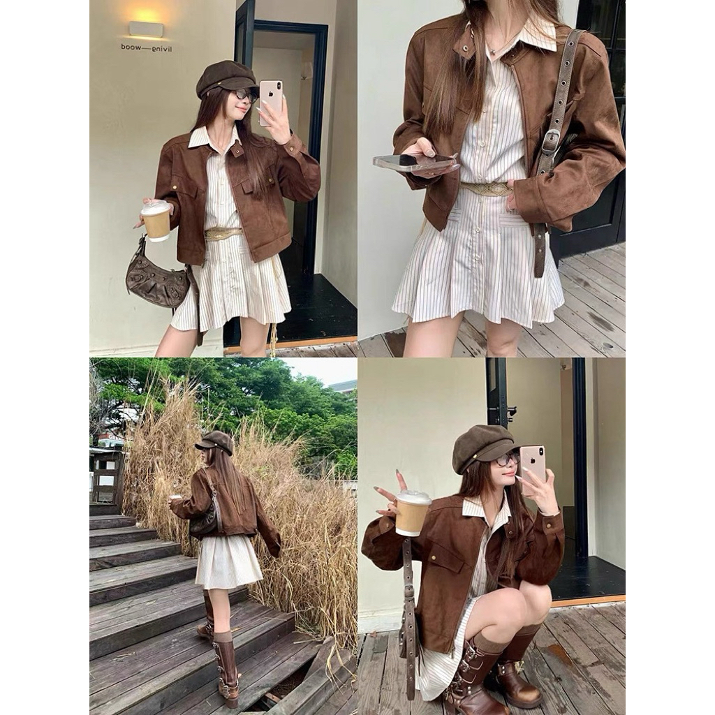 [Hàng QC L1] Áo khoác da lộn cổ trụ cúc bấm dáng croptop thiết kế túi nắp đứng form | BigBuy360 - bigbuy360.vn