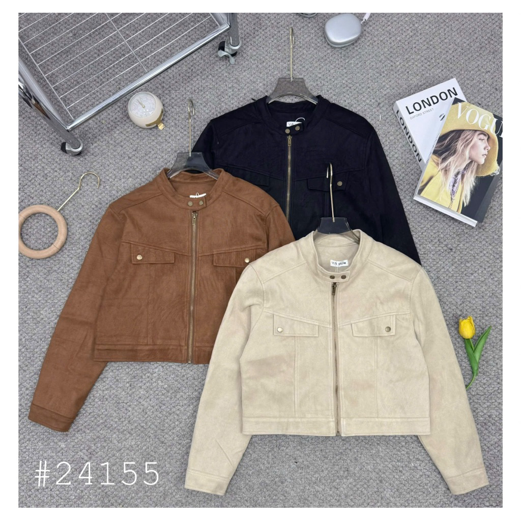 [Hàng QC L1] Áo khoác da lộn cổ trụ cúc bấm dáng croptop thiết kế túi nắp đứng form | BigBuy360 - bigbuy360.vn