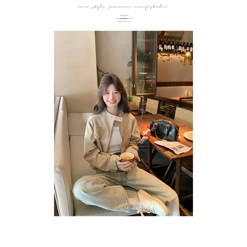 [Hàng QC L1] Áo khoác da lộn cổ trụ cúc bấm dáng croptop thiết kế túi nắp đứng form | BigBuy360 - bigbuy360.vn