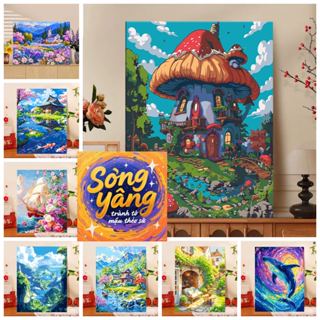   40X50cm-CÓ Khung TỔNG HỢP các mẫu tranh tô màu theo số PHONG CẢNH có sẵn khung cọ vẽ màu vẽ 