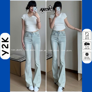 Quần Ống Loe Cho Nấm Lùn jean nữ lưng cao 90cm, quần bò rin cạp cao co giãn, jeans màu xám bạc Y2K