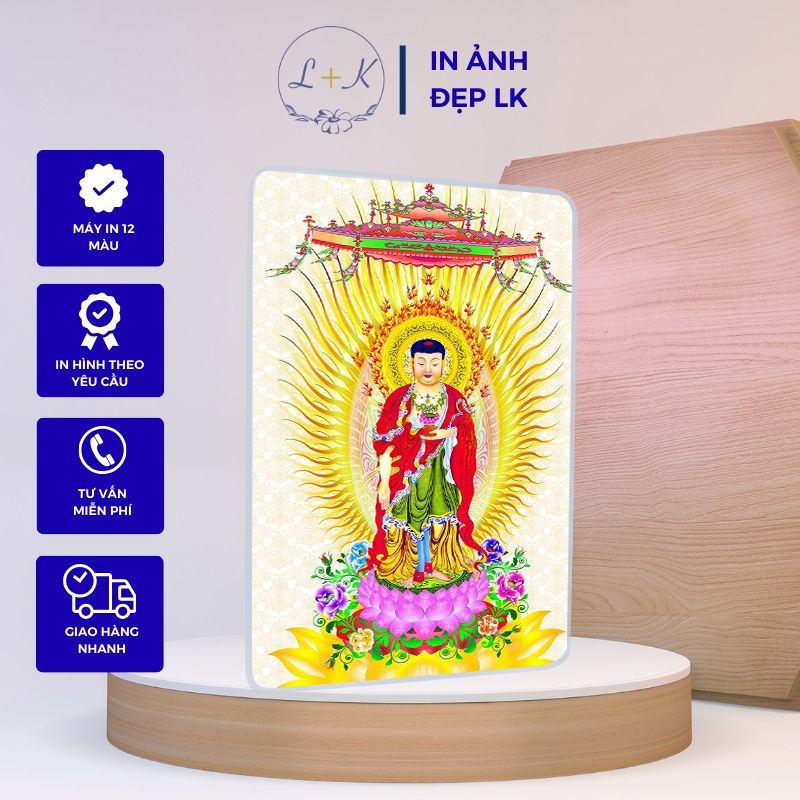 In Ảnh Tranh Gỗ Tráng Gương LK Treo tường Để Bàn Bo viền Bạc cao cấp Tranh Phật A Di Đà mã A5 size 1