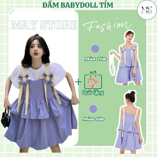 (Hàng sẵn)  Đầm babydoll tím bông cúc Có Bigsize Maystore