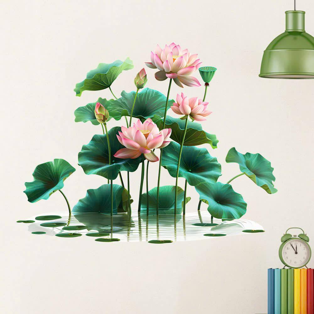 decal dán tường hoa sen hồng đậm trang trí phòng khách, quán cà phê, phòng thờ, thiền