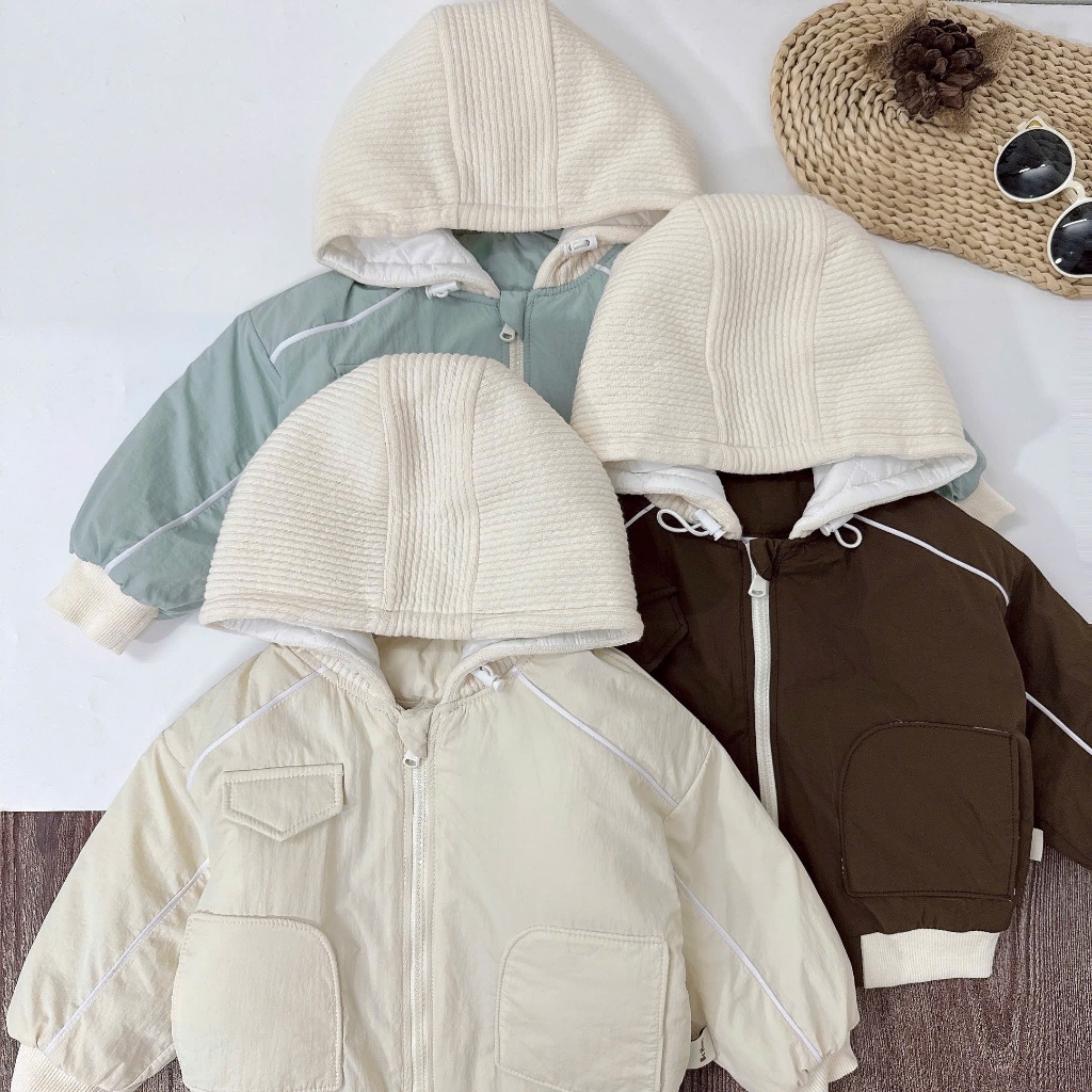 Áo khoác gio trần bông mũ len dày ấm cho bé trai/ áo khoác cho bé A25B146