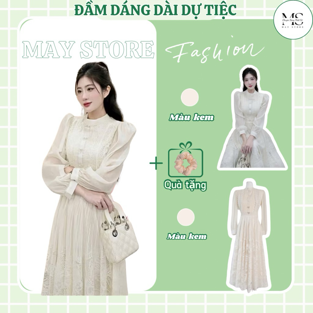 Đầm Váy Dự Tiệc Cao Cấp Ren Phối Tơ Hoạ Tiết Kèm Tag Đá Dáng Dài Sang Chảnh Phong Cách Tiểu Thư - MAYSTORE