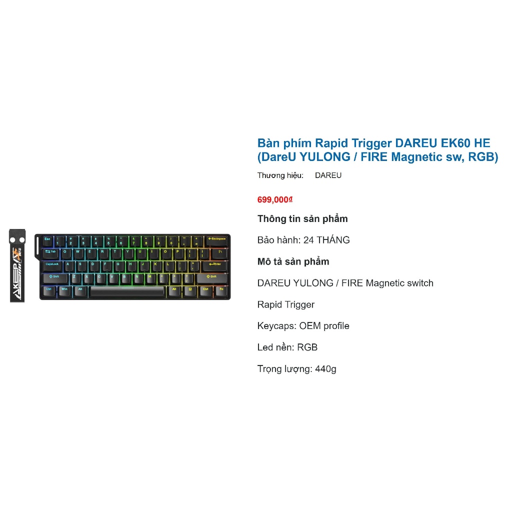 Bàn phím Rapid Trigger DAREU EK60 HE (DareU YULONG / FIRE Magnetic sw, RGB) | BigBuy360 - bigbuy360.vn