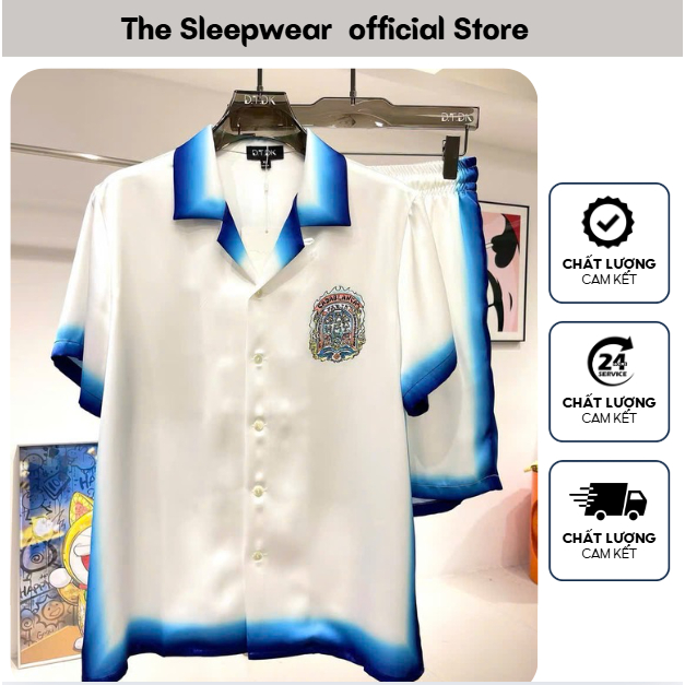 Bộ quần áo Lụa Nam Cao cấp Thiết kế Hoạ tiết -TheSleepwear  BL12-  Bộ short Lụa Nam Mùa Hè 2025