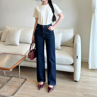 Quần Jeans Nữ REDE L-03G Ống Suông Rộng Vừa, Lưng Cao Màu Xanh Than Trơn Hàn Quốc