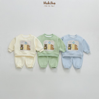 Bộ quần áo nỉ đáp hình gấu dễ thương cho bé trai bé gái Hokiha vải nỉ lót lông nhung dày dặn, mềm mại size 8-17kg B191