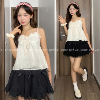 [XẢ HÀNG] Áo 2 dây nữ A.731, Áo 2 dây babydoll thêu hoa cổ V xẻ phối bèo chun sau xinh xắn - Shop Chấm Bi