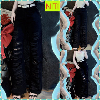   ORLA2544  QUẦN JEANS ỐNG RỘNG NỮ LƯNG CAO RÁCH TẢ TƠI 2 ĐÙI MÀU ĐEN LAI CUỐN SIÊU CÁ TÍNH XỊN SÒ CHẤT CHƠI 