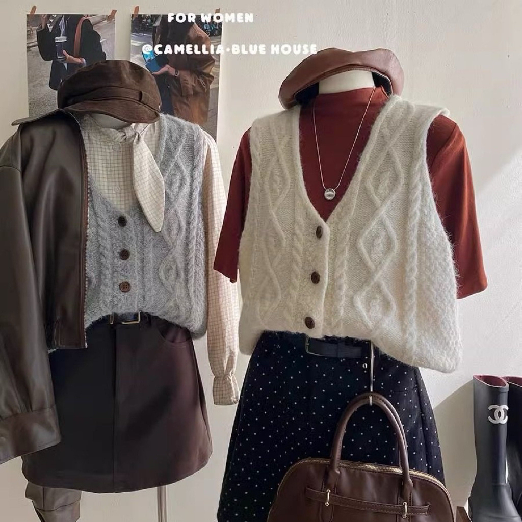 【 Ảnh Shop】Áo gile Len Nữ Kiểu Chéo Hình Thoi Phối Cúc nâu ,Áo Gile Len Phong Cách Vitage Hàn Quốc