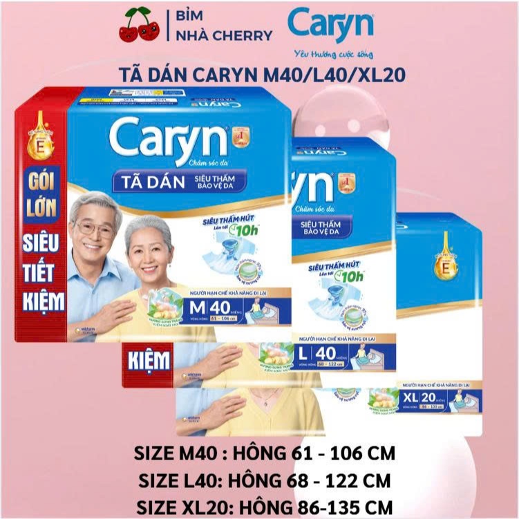 Bỉm Tã dán người lớn CARYN M40 L40 XL20 miếng siêu tiết kiệm dành cho người hạn chế đi lại