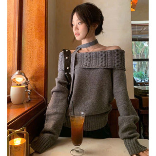  Áo Len Lông Thỏ Trễ Vai Dáng Vừa Áo Len Dệt Kim Lệch Vai Vặn Thừng TẶNG KÈM DÂY ĐEO CỔ Tay Dài Phong Cách Hàn Quốc Matm 