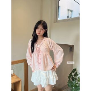  Áo Babydoll Nữ Sơ Mi Sọc Kiểu Bánh Bèo Nơ Ngực Dài Tay 