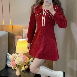 Váy nhung kim tuyến cổ nơ phong cách trẻ trung dịp Giáng sinh, Tết
