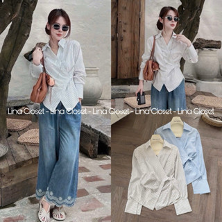 Áo sơ mi nữ kẻ sọc tay dài vạt chéo thắt eo cách điệu phong cách Hàn Quốc 2 màu A3305