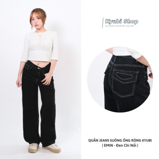 Quần jean nữ suông rộng cạp cao ulzzang KYUBI EMIN chỉ nổi (Có bigsize ) - quần jean ống rộng Hàn Quốc Kyubi