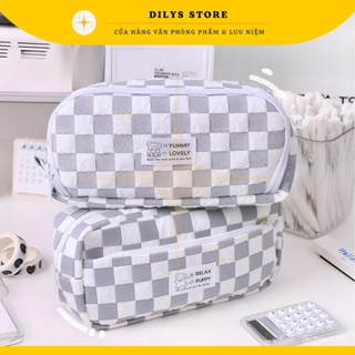 Hộp bút, túi bút caro đựng bút cỡ lớn DILYS kèm móc khóa treo tay họa tiết đơn giản, dễ thương