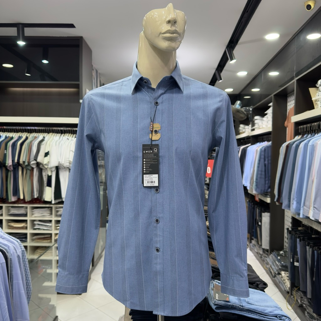 Áo sơ mi nam Owen dài tay màu xanh đậm kẻ sọc slim fit vạt bầu vải sồi AS250349D