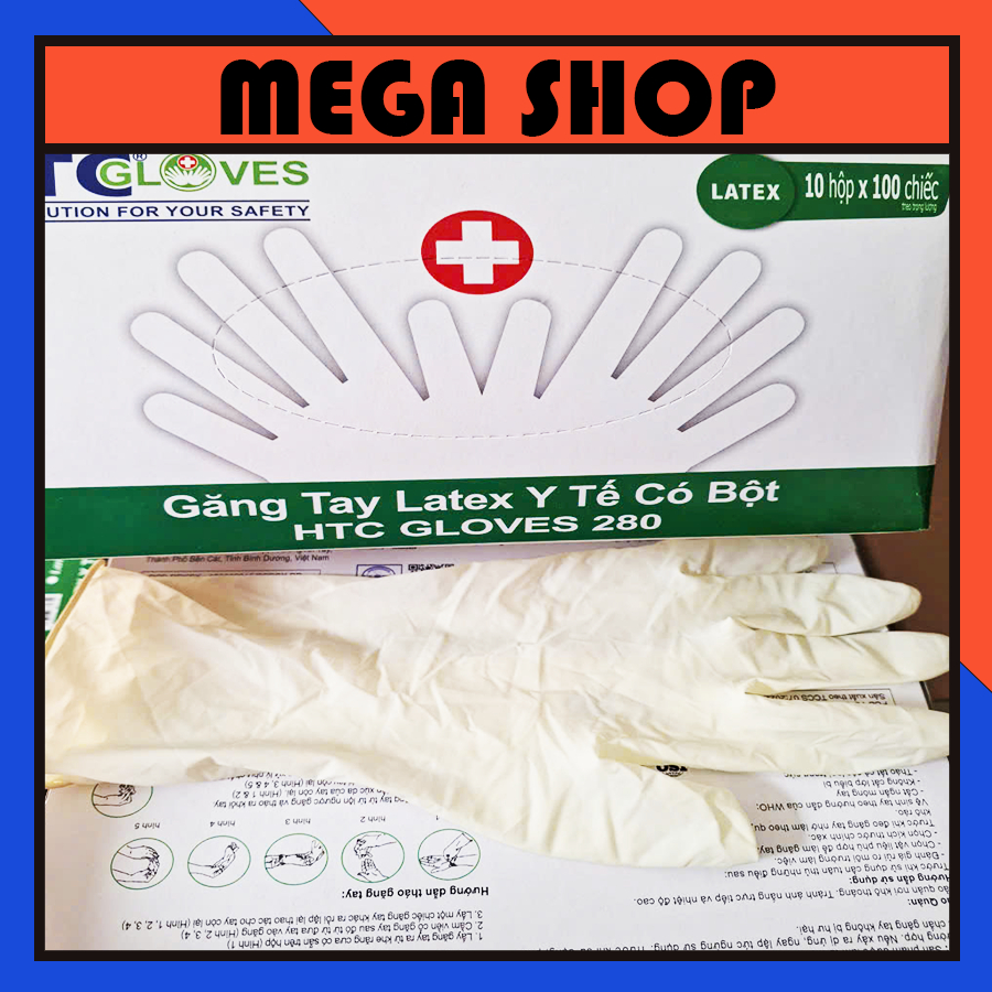 [HỘP] 100 cái Găng tay Latex HTC Gloves CÓ BỘT 280 mm, size S, M, L
