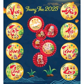 Set 6 quạt giấy đỏ + 8 chữ trang trí trung thu 2025 nhà cửa quán cafe, phụ kiện trang trí trung thu