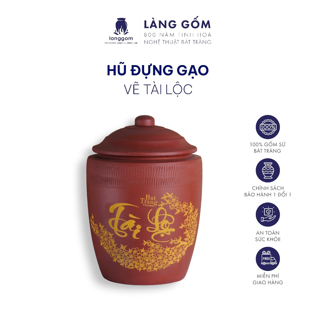 Hũ đựng gạo, muối dưa cà Tài Lộc, trĩnh đựng gạo, chum gạo phong thủy khắc nổi trống đồng cao cấp - Gốm sứ Bát Tràng