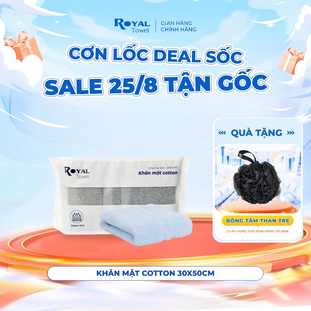 Khăn mặt Royal Towel 30x50cm với sợi bông cotton dày thấm hút tốt, không ra màu, không đổ lông, mềm mại với da