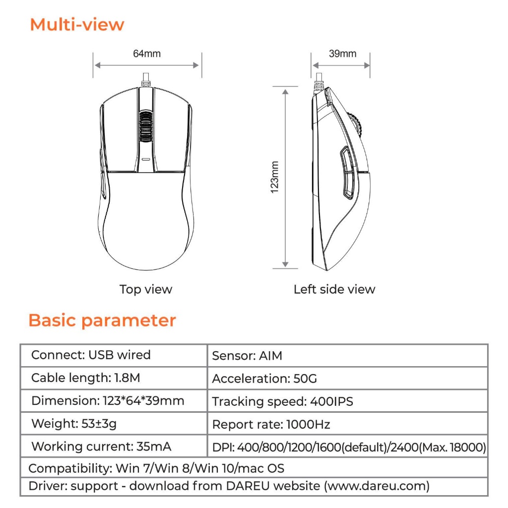 Chuột Gaming DAREU EM950 ULTRALIGHT, DareU AIM ( DPI: 400 -18.000 / Tracking: 400IPS ) | BigBuy360 - bigbuy360.vn