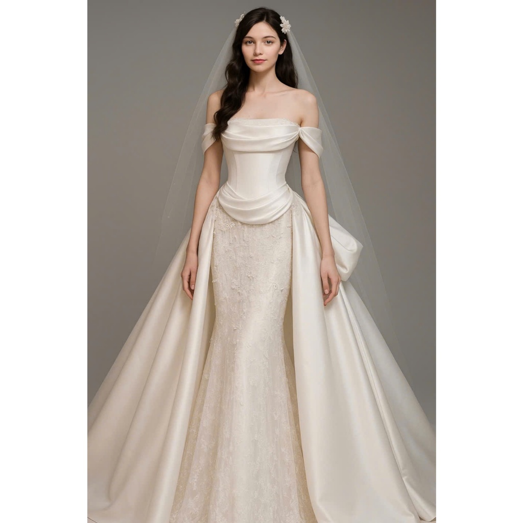 Váy trắng váy đi bàn cô dâu đuôi cá trễ vai nhẹ nhàng sang trọng Jolie