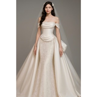 Váy trắng váy đi bàn cô dâu đuôi cá trễ vai nhẹ nhàng sang trọng Jolie