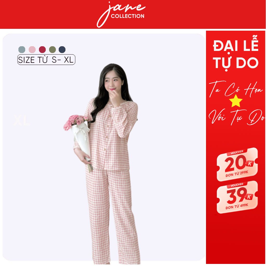 Đồ bộ mặc nhà nữ cực xinh tay dài quần dài phối ren kẻ caro đũi cao cấp mềm mịn, mát khi mặc DH10