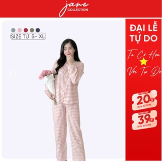  Đồ bộ mặc nhà nữ cực xinh tay dài quần dài phối ren kẻ caro đũi cao cấp mềm mịn mát khi mặc DH10 