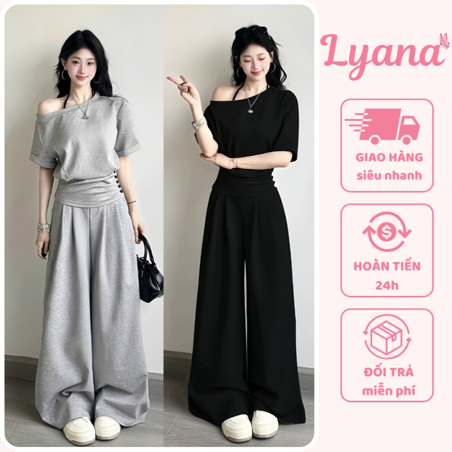 Set đồ nữ quần dài ống rộng LYANA vải da cá Chống Nhăn tôn dáng, Đồ bộ nữ thể thao cá tính kèm áo kiểu nữ lệch vai SET10 | BigBuy360 - bigbuy360.vn