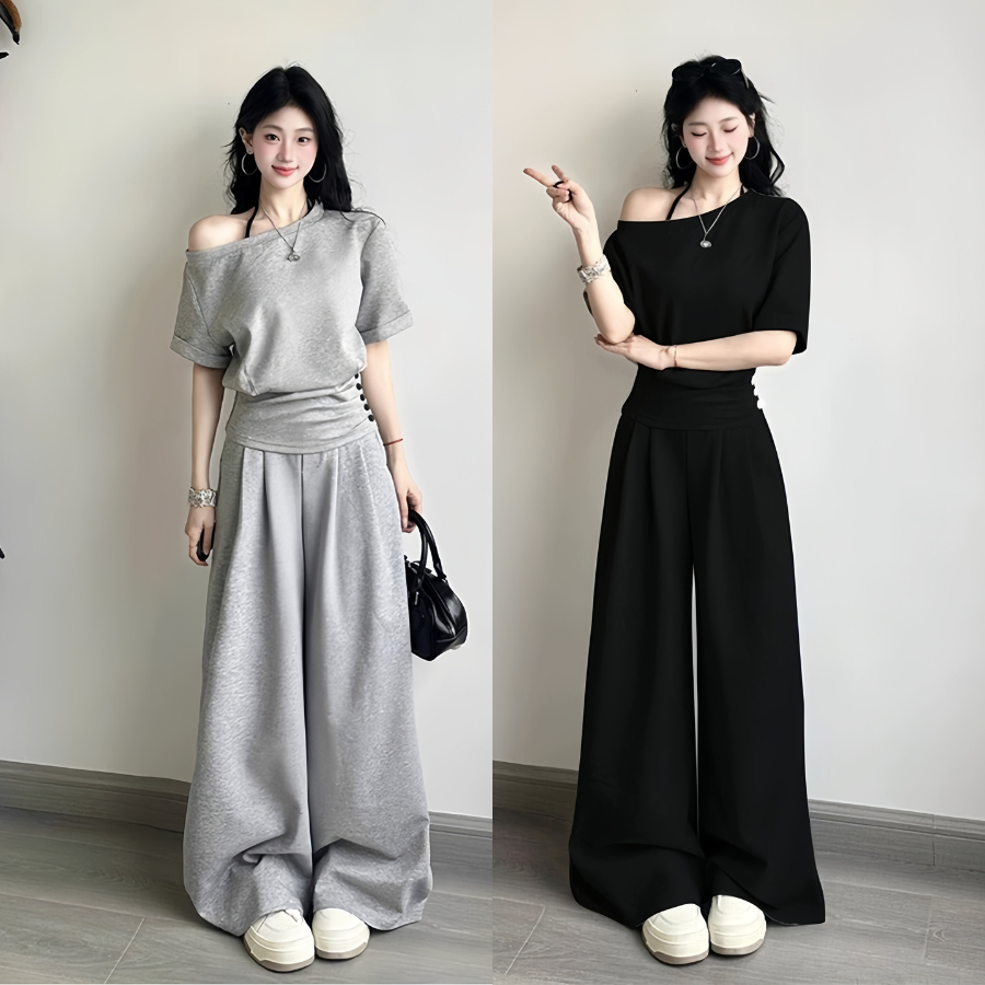 Set đồ nữ quần dài ống rộng LYANA vải da cá Chống Nhăn tôn dáng, Đồ bộ nữ thể thao cá tính kèm áo kiểu nữ lệch vai SET10 | BigBuy360 - bigbuy360.vn