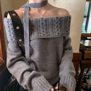  Áo Len Nữ Đan Thừng Áo Len Trễ Vai TẶNG KÈM DÂY ĐEO CỔ Dài Tay Dáng Vừa Chất Len Lông Thỏ Phong Cách Hàn Quốc Mmcloset 