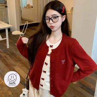  Áo Len Dệt Kim 2 Lớp Phối Cúc Bọc Nhưng Thêu Nơ Ngực Xinh Xắn Áo Khoác Cardigan Cổ Tròn  Tiểu Thư Dễ Thương | Thảo Chi 