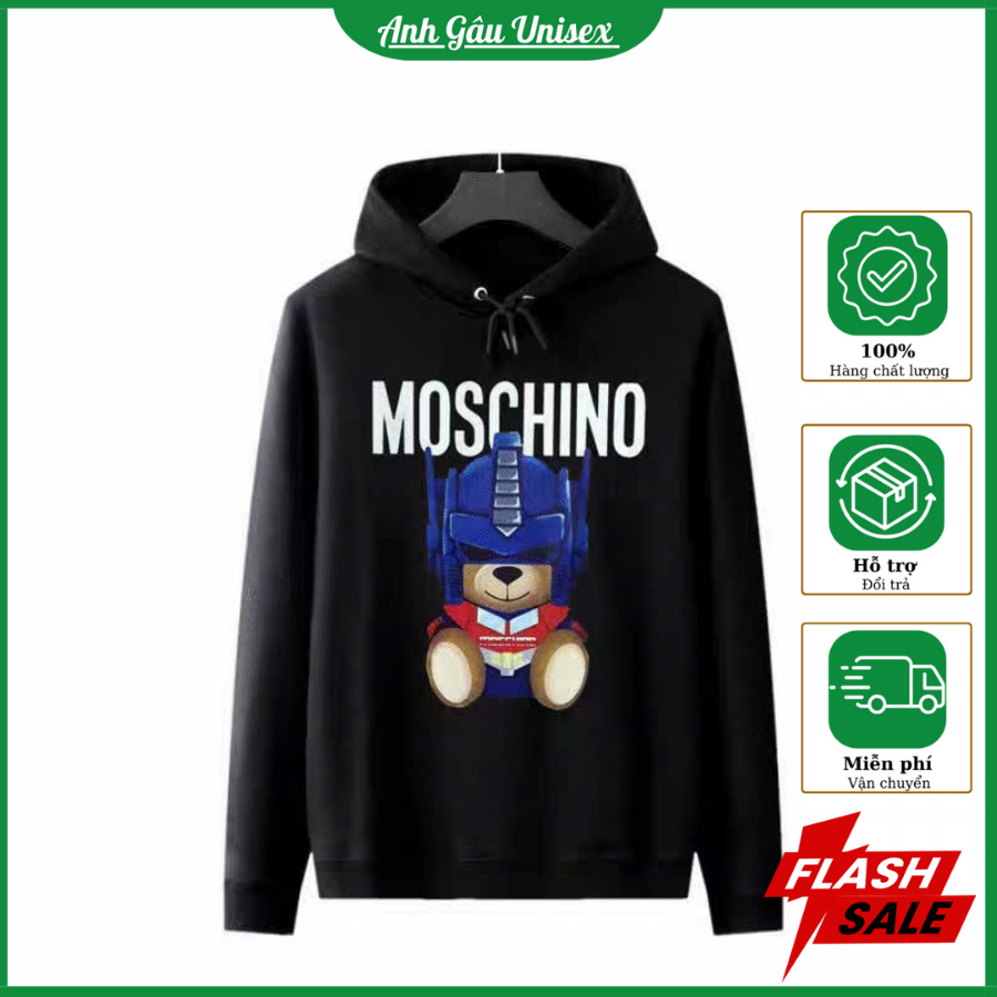 Áo Hoodie Đen In Gấu MOSCHINO Unisex – Hoodie Nam Nữ Form Rộng In Gấu  Cute
