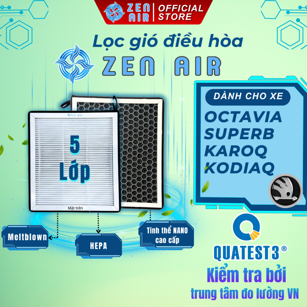 Lọc gió điều hòa SKODA Octavia, Superb, Karoq, Kodiaq, Kushaq lọc bụi mịn, khử độc - ZEN AIR