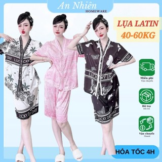 [ 40-60 KG ] Bộ mặc nhà pijama cổ V quần lửng vải lụa Latin mịn mát họa tiết sang chảnh
