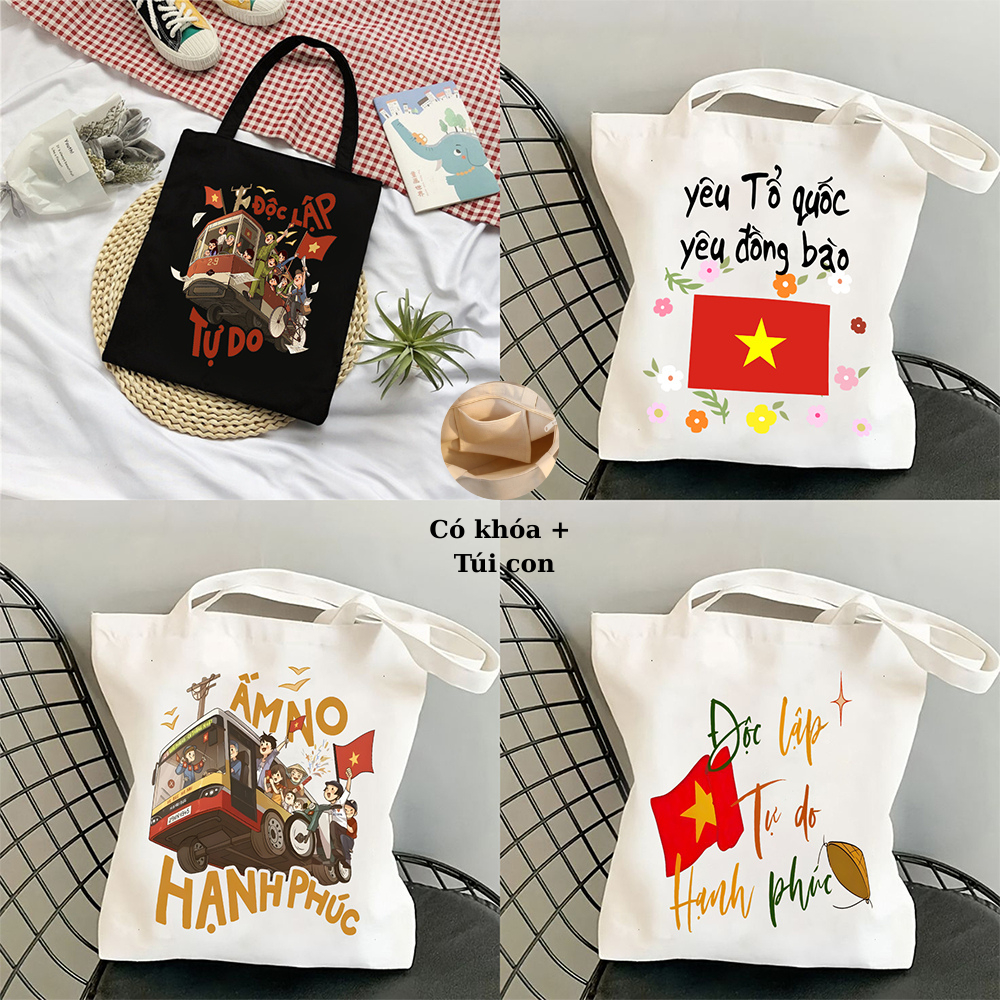 Túi Tote canvas TÔI YÊU TỔ QUỐC VỆT NAM túi vải đeo vai có khóa kéo phong cách thời trang đựng đồ đi học Tota913