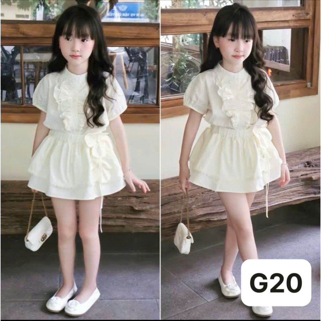 [8-35Kg]- Dung Kids 05 - G20 Set Sơ mi cổ bèo phối chân váy viền ren xoè Đính hoa xinh xắn tiểu thư cho bé gái