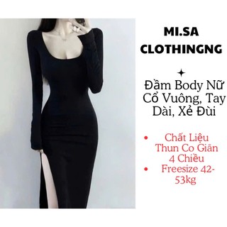  Đầm Body Thun maxi tay dài cổ vuông xẻ đùi tôn dáng sang trong hợp đi tiệc chơi cafe,đi biển 