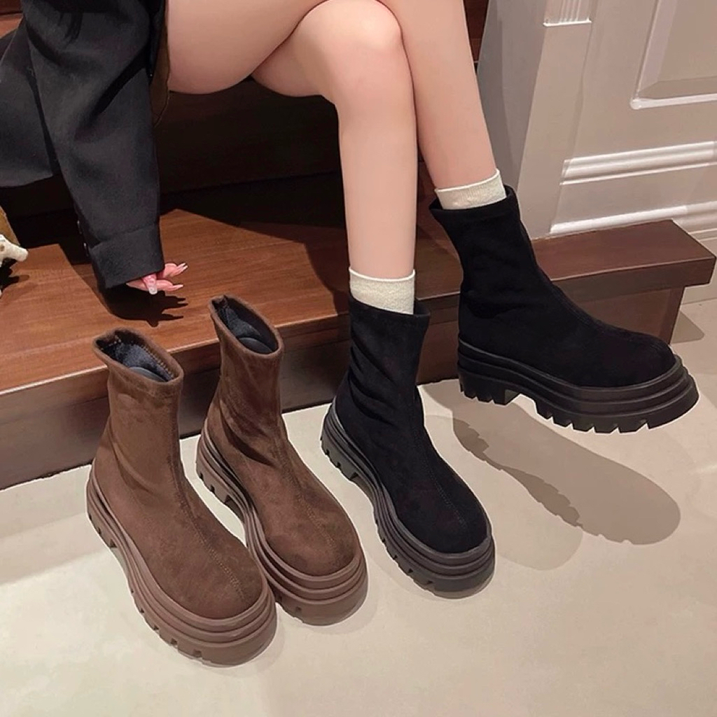 Boots nhung da lộn cổ ngắn cho nữ đế dày cao 7cm không khoá