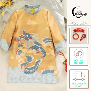 Áo dài tết cho bé trai in họa tiết rồng bay Uyển Nguyệt áo dài cách tân chất tơ mềm mịn - AD001