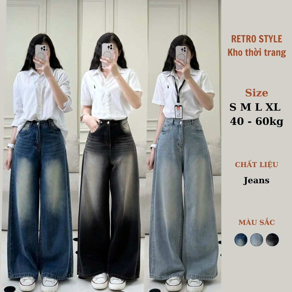 Quần Jean Nữ Ống Rộng Cạp Cao Màu Wash Retro style Back To School Quần Đi Học Đi Làm